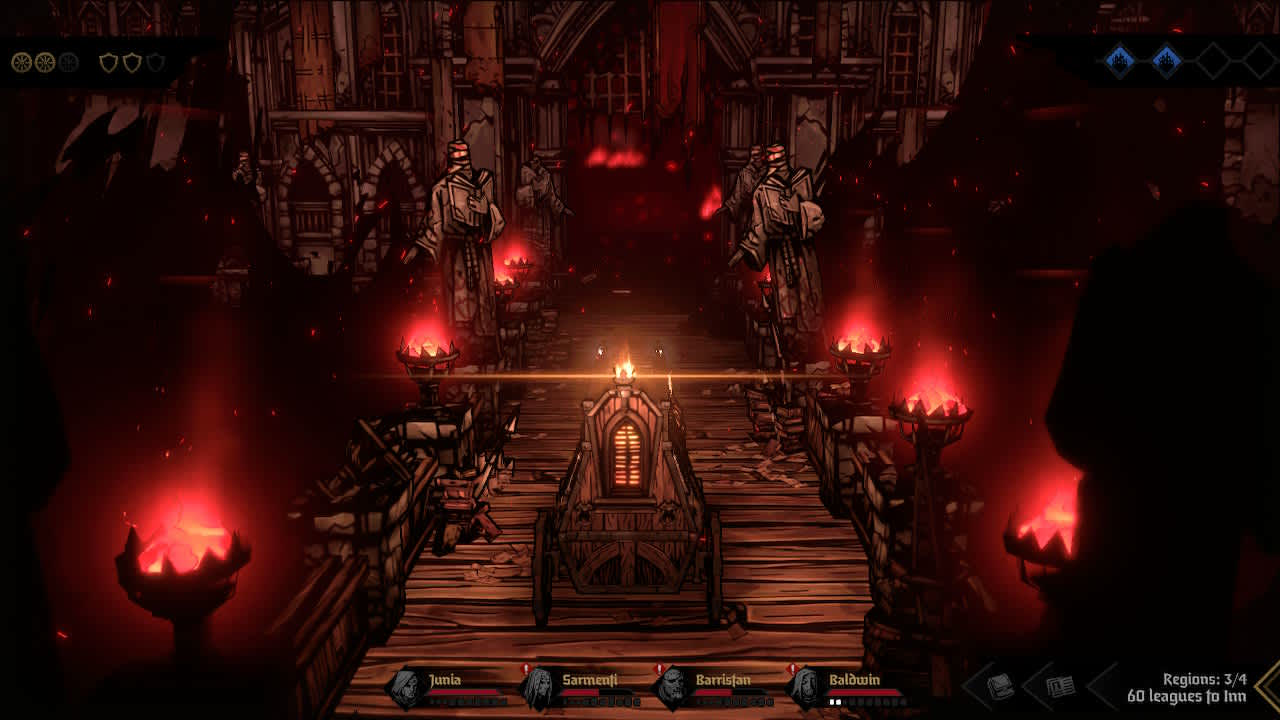 Il viaggio in diligenza di Darkest Dungeon II, dalla galleria ufficiale Nintendo. Immagine Red Hook Studios.