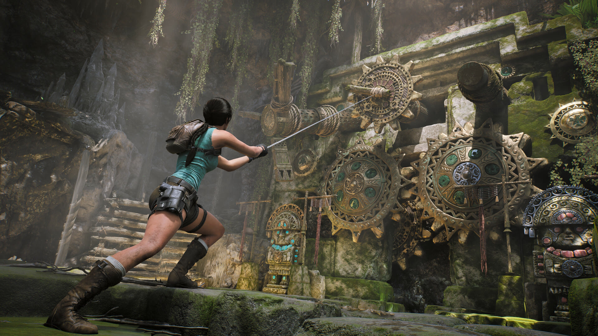 Lara Croft e un congegno ambientale in Tomb Raider: Legacy of Atlantis. Screenshot promozionale ufficiale Crystal Dynamics / Amazon Game Studios.