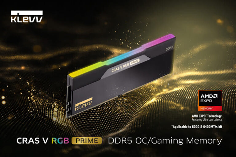 KLEVV CRAS V RGB PRIME nell’immagine ufficiale di presentazione: finitura nero e oro e illuminazione RGB.