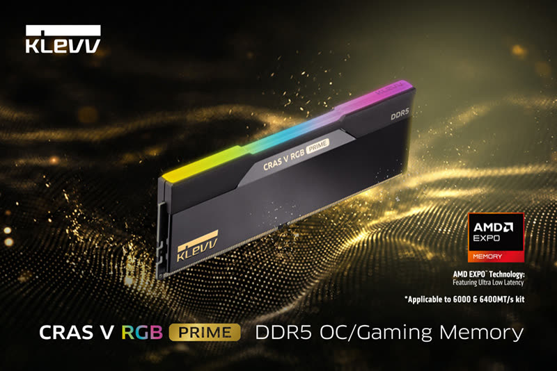 KLEVV CRAS V RGB PRIME nell’immagine ufficiale di presentazione: finitura nero e oro e illuminazione RGB.