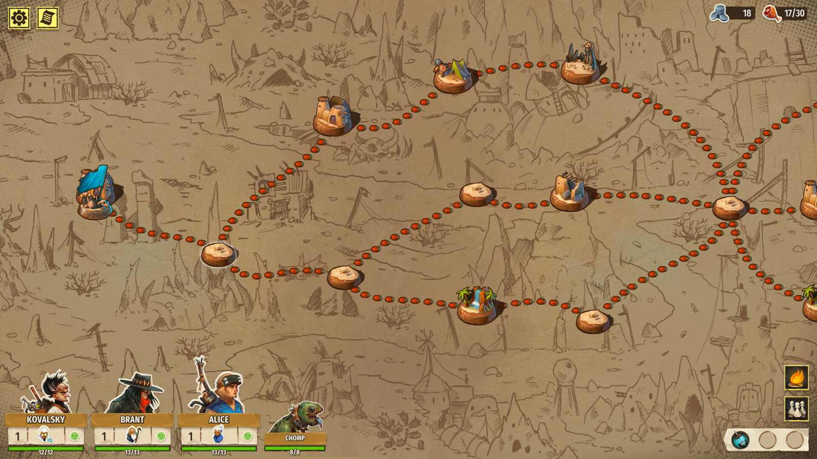 La mappa degli itinerari di Outcast Tales, dai materiali ufficiali Hardlane Studio e Inner Pocket.
