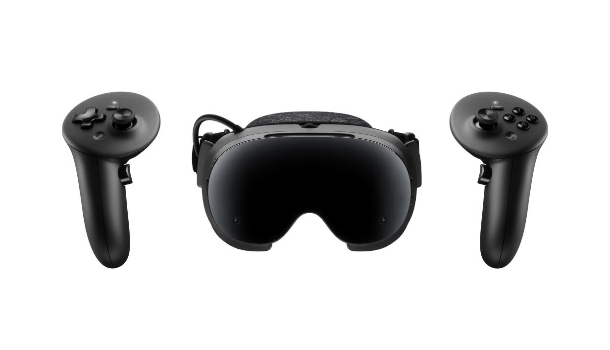 Il visore e i controller Steam Frame in un’immagine promozionale Valve; non è un test delle prestazioni di VKD3D-Proton.