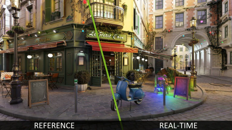 Scena dimostrativa del sample RTX Path Tracing di NVIDIA: confronto reference/real-time del progetto originale, non un benchmark di DXVK-NVAPI su Linux.