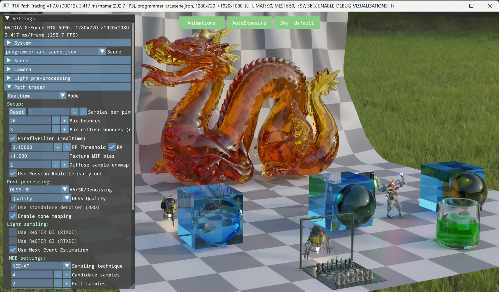 Interfaccia ufficiale del sample RTX Path Tracing di NVIDIA, per il quale DXVK-NVAPI 0.9.3 introduce un workaround. Non è una prova delle prestazioni su Linux.