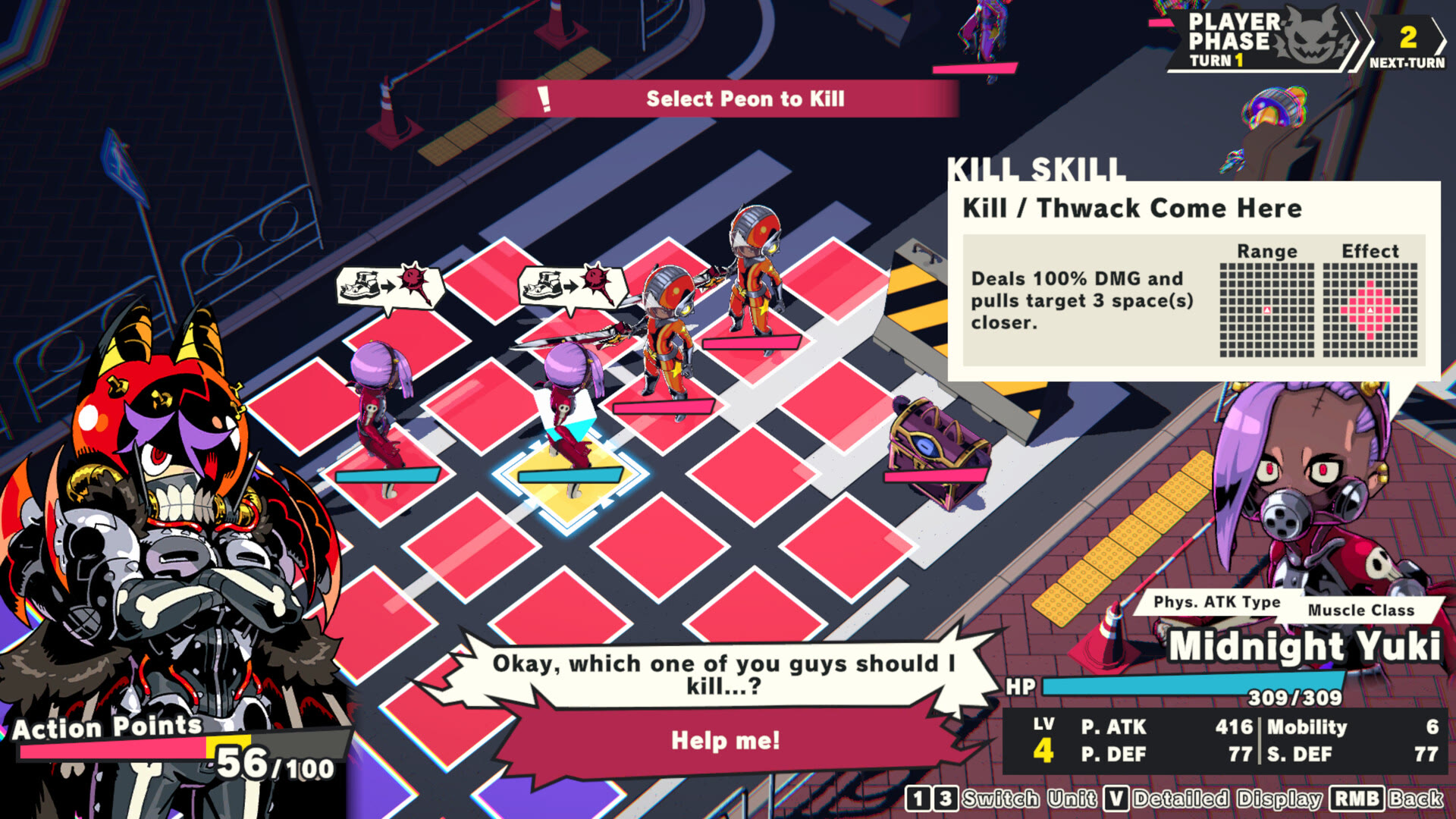 La selezione di un servitore da sacrificare durante uno scontro sulla griglia. Screenshot ufficiale SuperNiche / Drecom / Arc System Works.