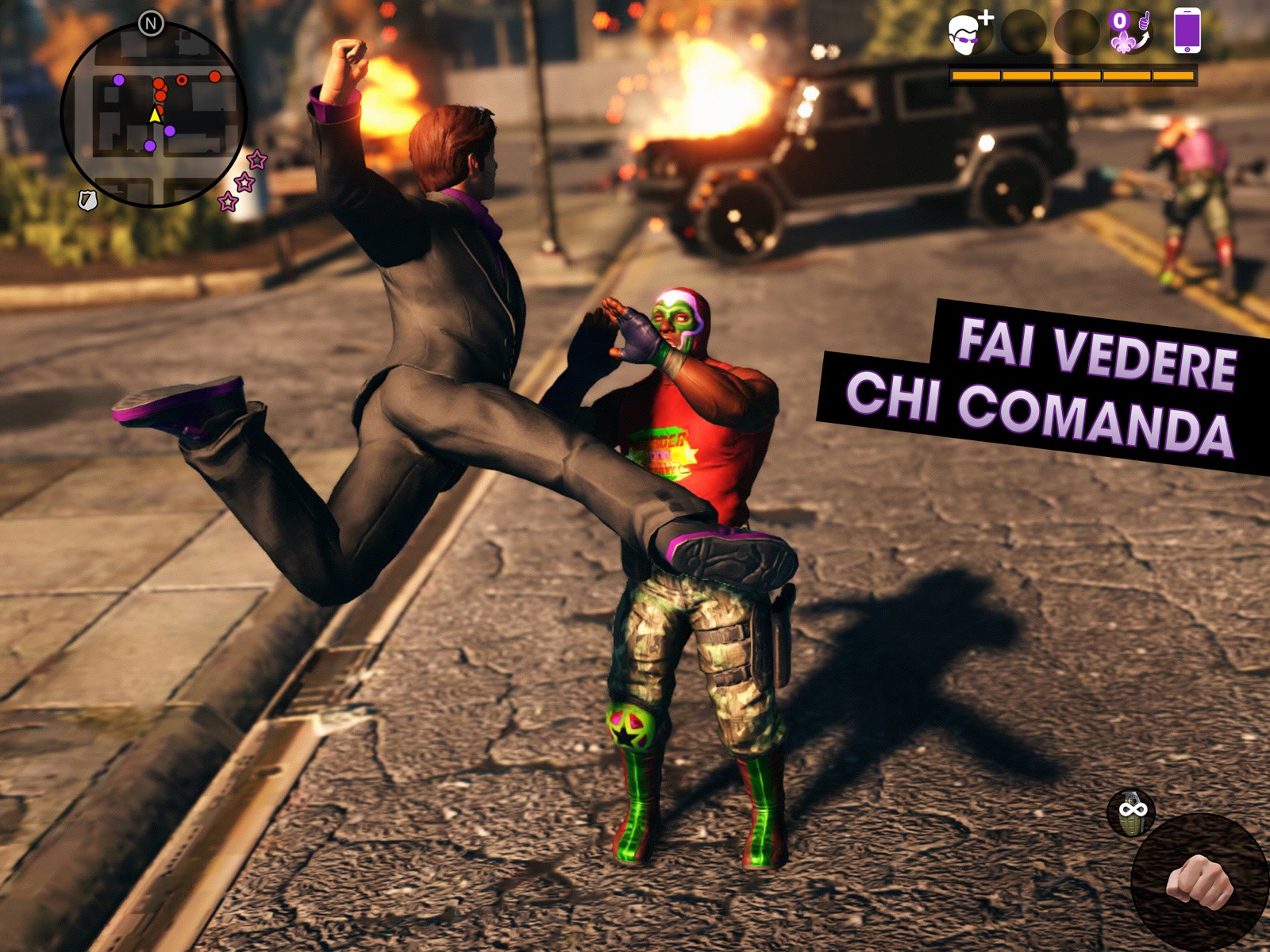 Il port mobile mantiene l’azione sopra le righe di Saints Row: The Third Remastered; immagine ufficiale della versione iPad.