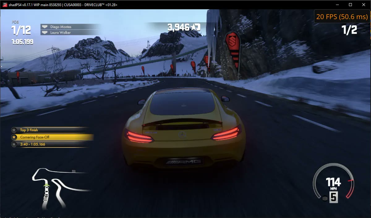 DriveClub su una build precedente nella galleria del progetto: il contatore FPS non misura le prestazioni della 0.21.0.
