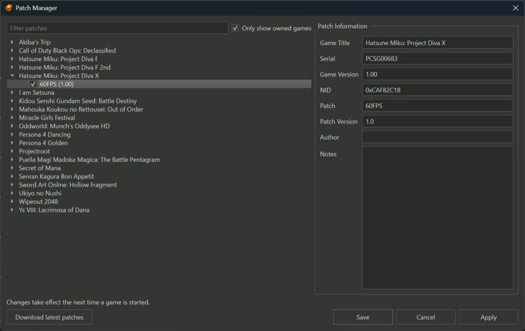 Vita3K, schermata ufficiale del nuovo Patch Manager allegata dagli sviluppatori alla pull request 4259. Immagine: progetto Vita3K.
