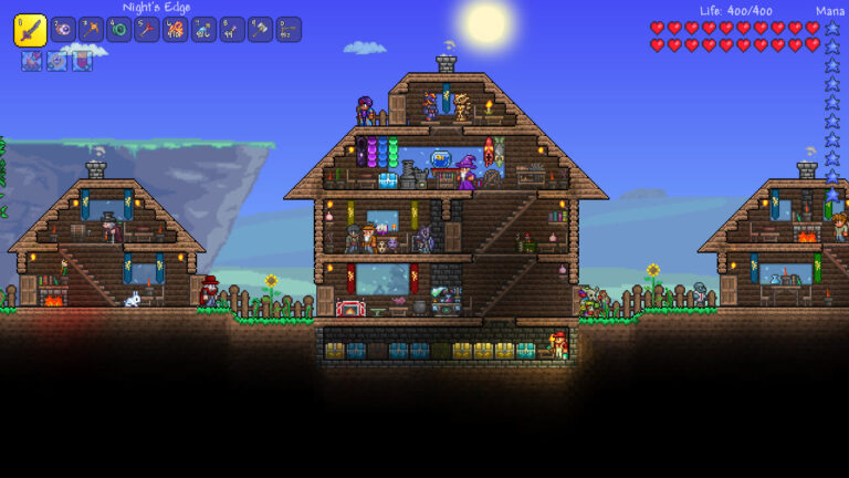 Terraria, costruzioni e personaggi nello screenshot promozionale ufficiale Re-Logic. Non è una schermata di Terraria 1.4.6.