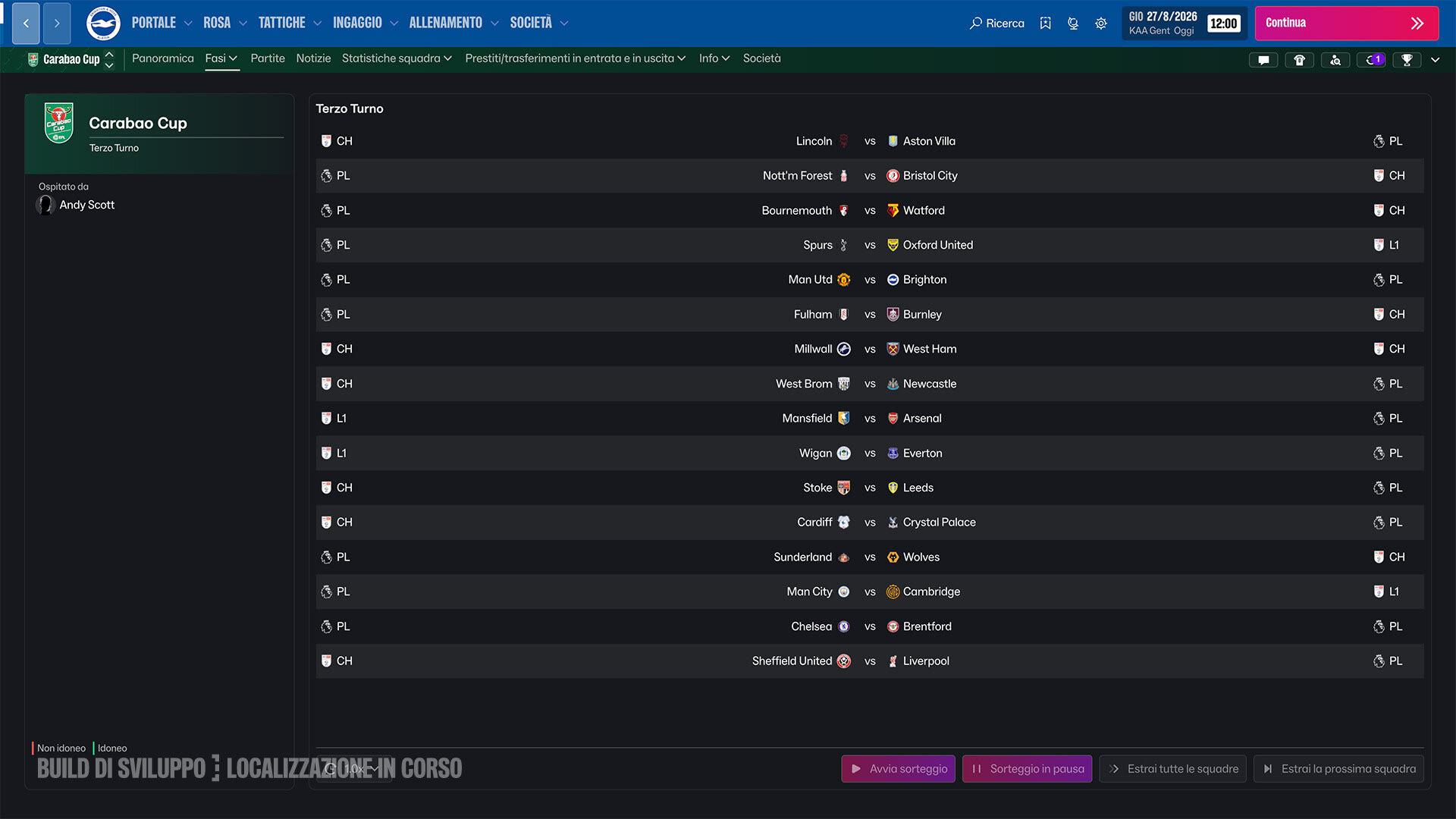 Il sorteggio della Carabao Cup in Football Manager 27. Immagine: Sports Interactive / SEGA.
