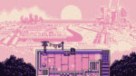Il panorama urbano in pixel art di Petal Runner nello screenshot ufficiale di Nano Park Studios.