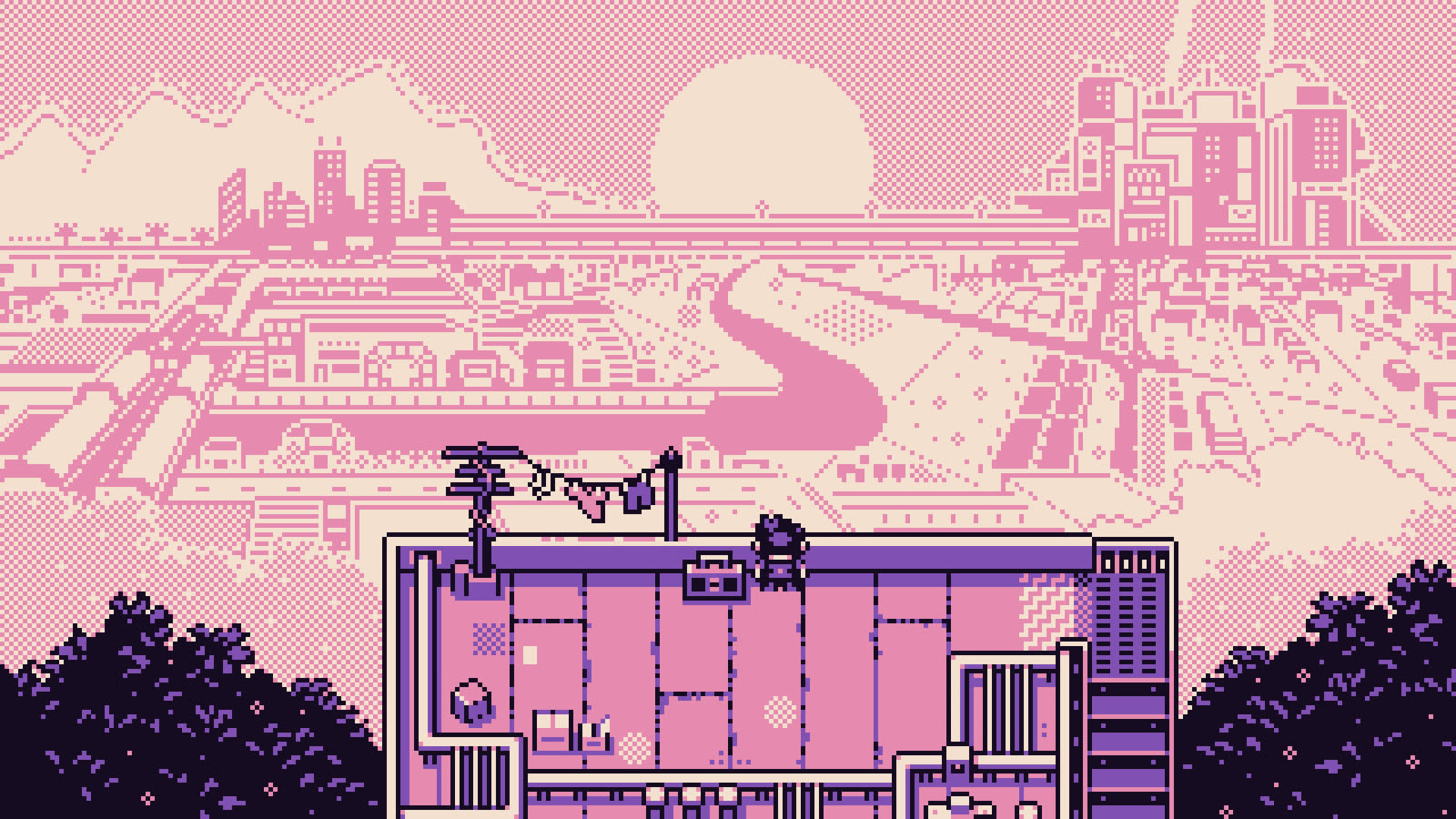 Il panorama urbano in pixel art di Petal Runner nello screenshot ufficiale di Nano Park Studios.