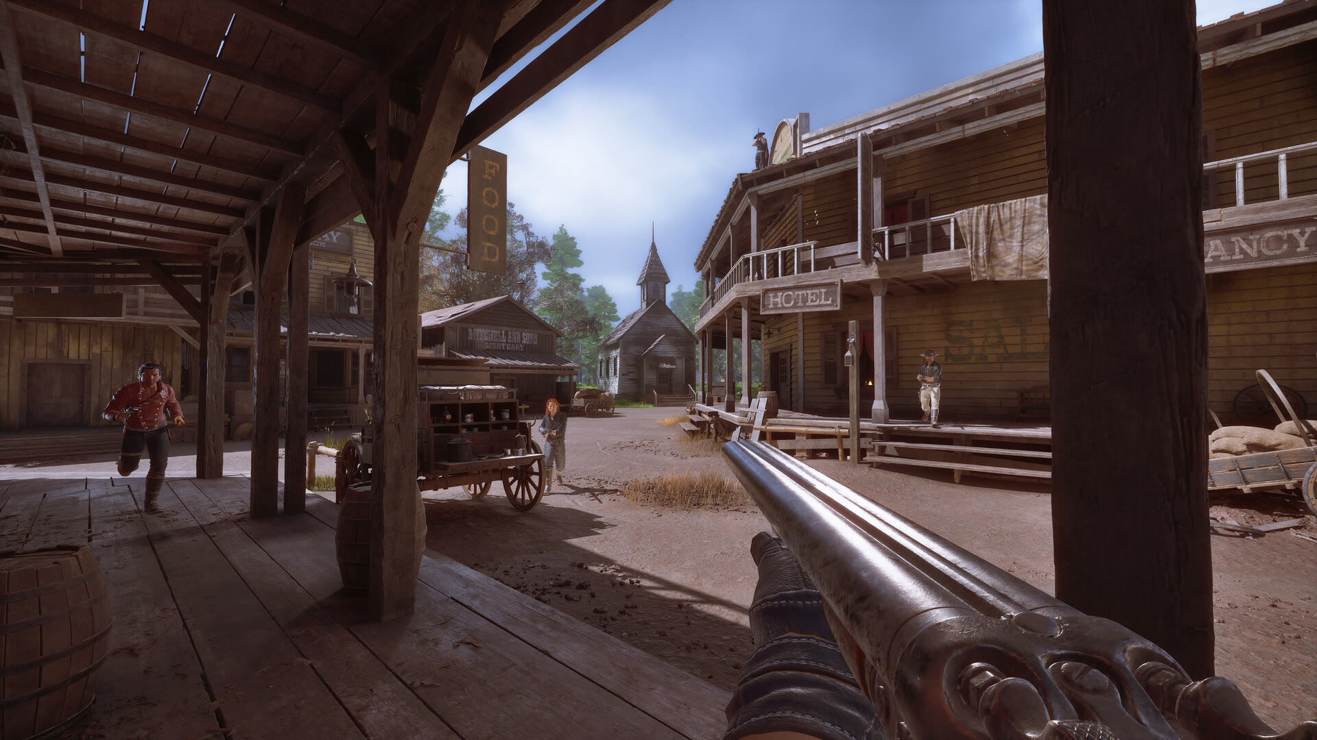 Una sparatoria nella cittadina western di The Legend of California. Screenshot promozionale ufficiale Kintsugiyama, dalla galleria Steam.