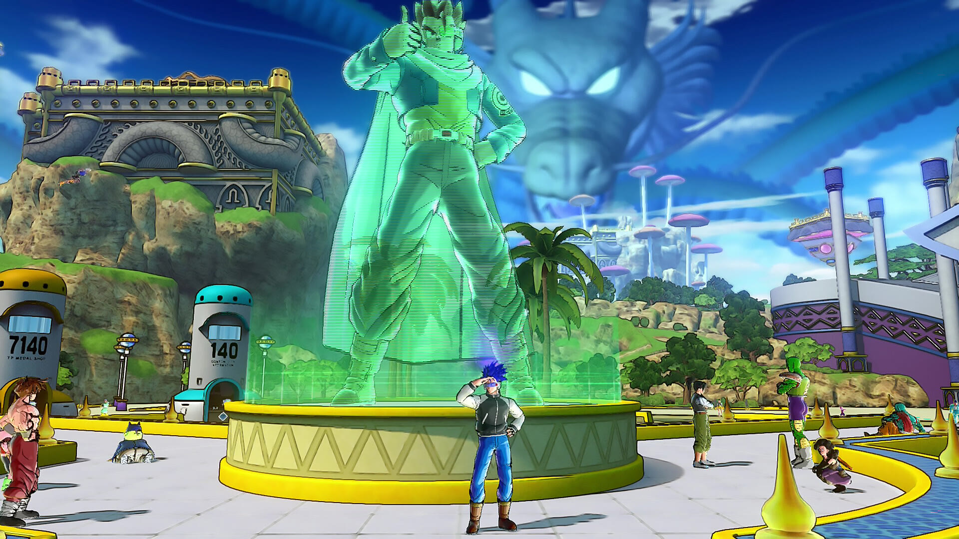 Conton City in uno screenshot ufficiale di Xenoverse 2, usato come contesto del gioco e non come anteprima della nuova Galleria del Tempo. Bandai Namco / Dimps.