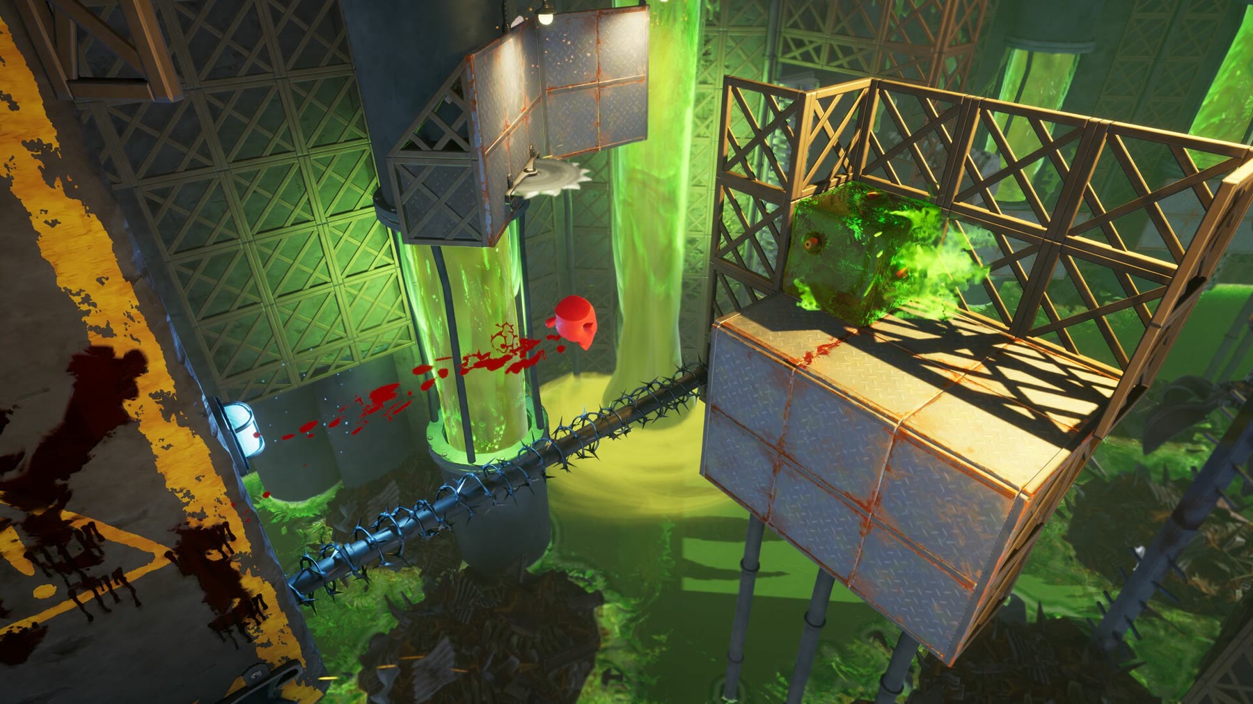 Trappole e percorsi di Super Meat Boy 3D in una schermata promozionale ufficiale. Immagine: Headup.