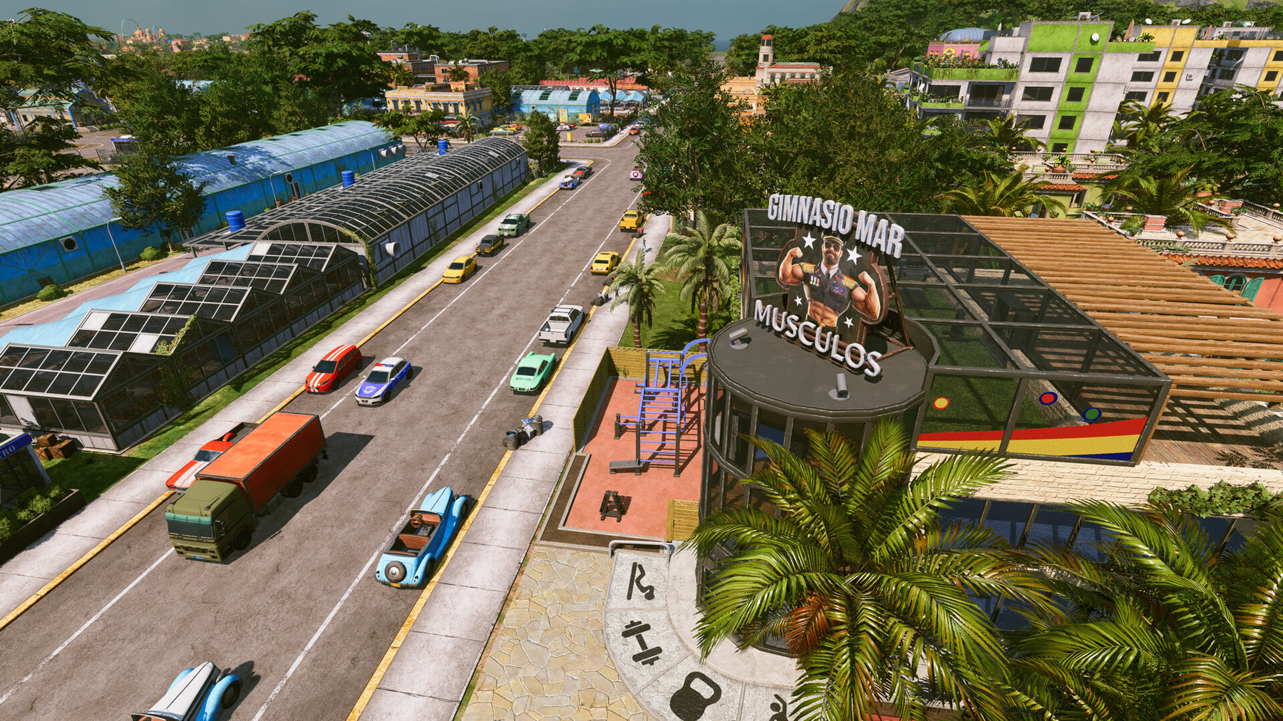 Edifici e trasporti di Tropico 7 in una schermata ufficiale del gioco. Immagine: Kalypso Media.