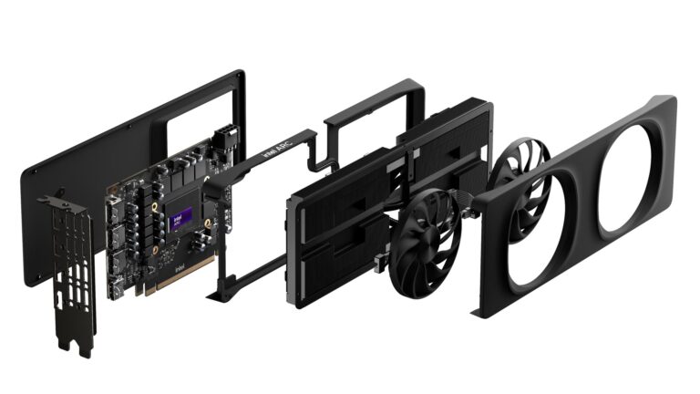 Vista esplosa ufficiale della Intel Arc B580 Limited Edition. Immagine Intel Corporation dal press kit Arc B-Series del dicembre 2024, usata come contesto hardware.