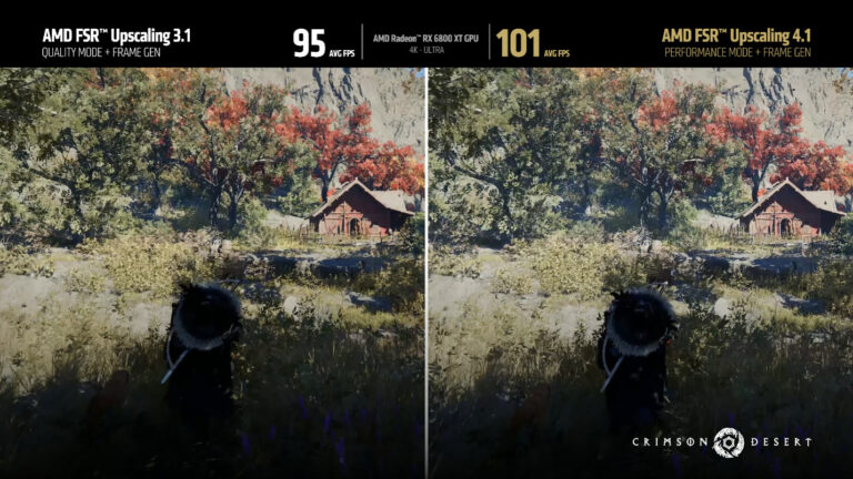 Confronto ufficiale AMD fra FSR 3.1 e FSR 4.1 su Radeon RX 6800 XT. Dimostrazione del produttore, non benchmark indipendente.