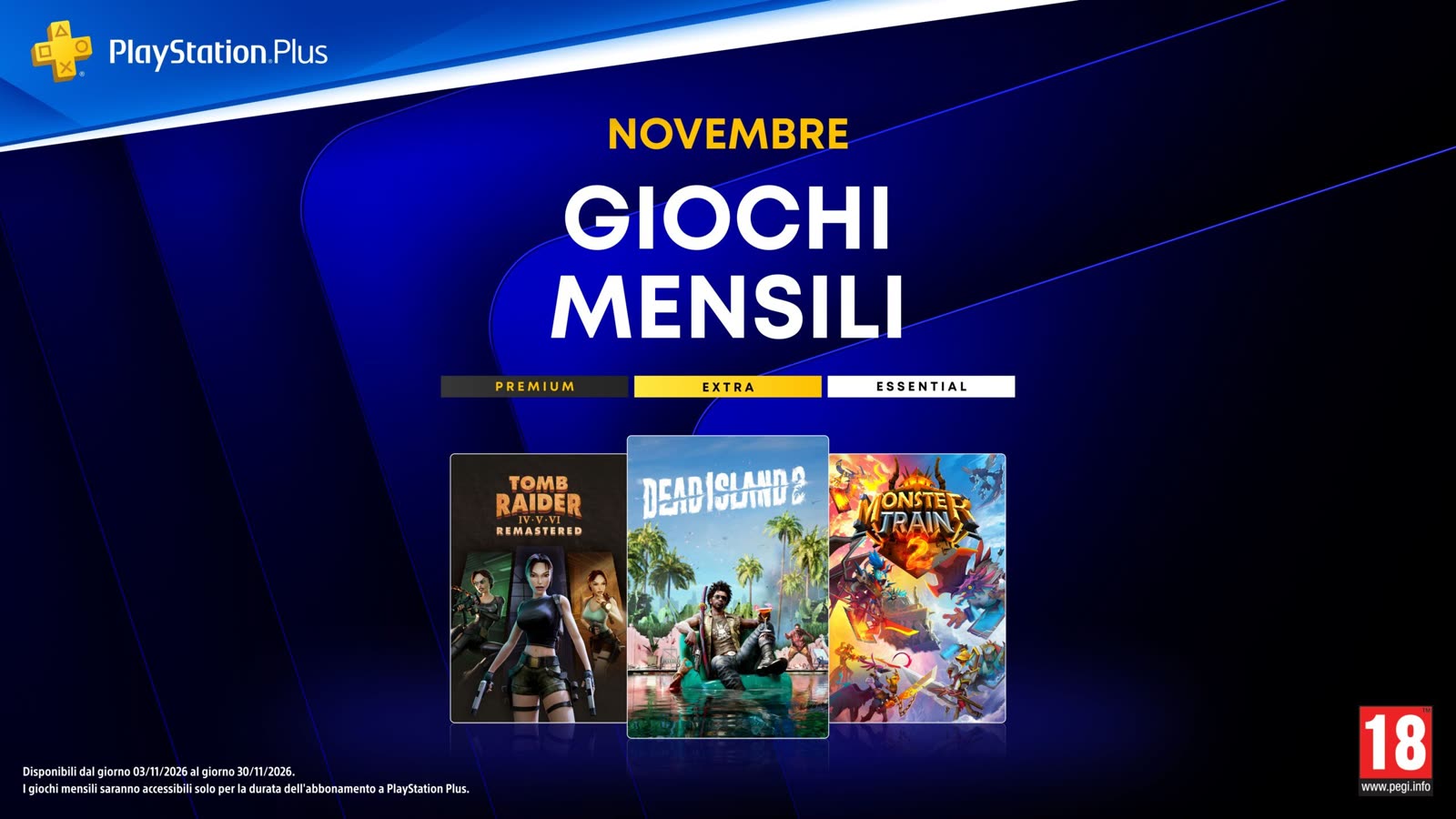 La selezione mensile PlayStation Plus di novembre 2026 nel materiale ufficiale Sony.