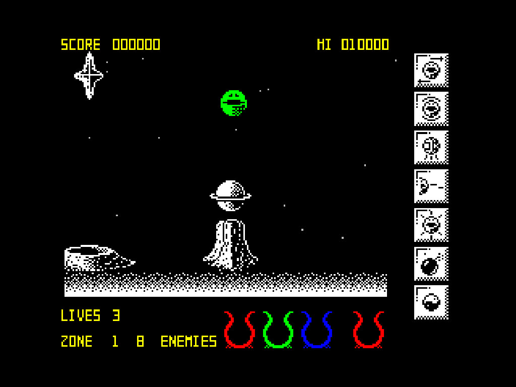 Una schermata di gioco dell’edizione ZX Spectrum modificata. Immagine fornita dal progetto; diritti del gioco ai rispettivi titolari.