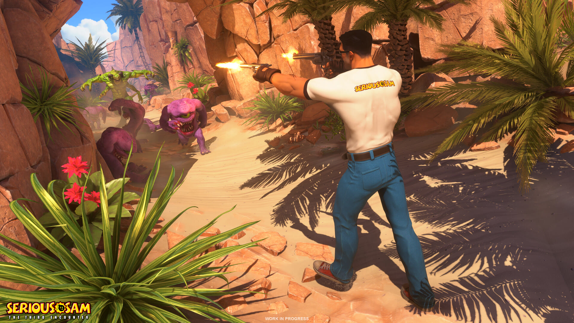 Sam affronta i nemici in un canyon di The Third Encounter. Immagine: Croteam / Devolver Digital.