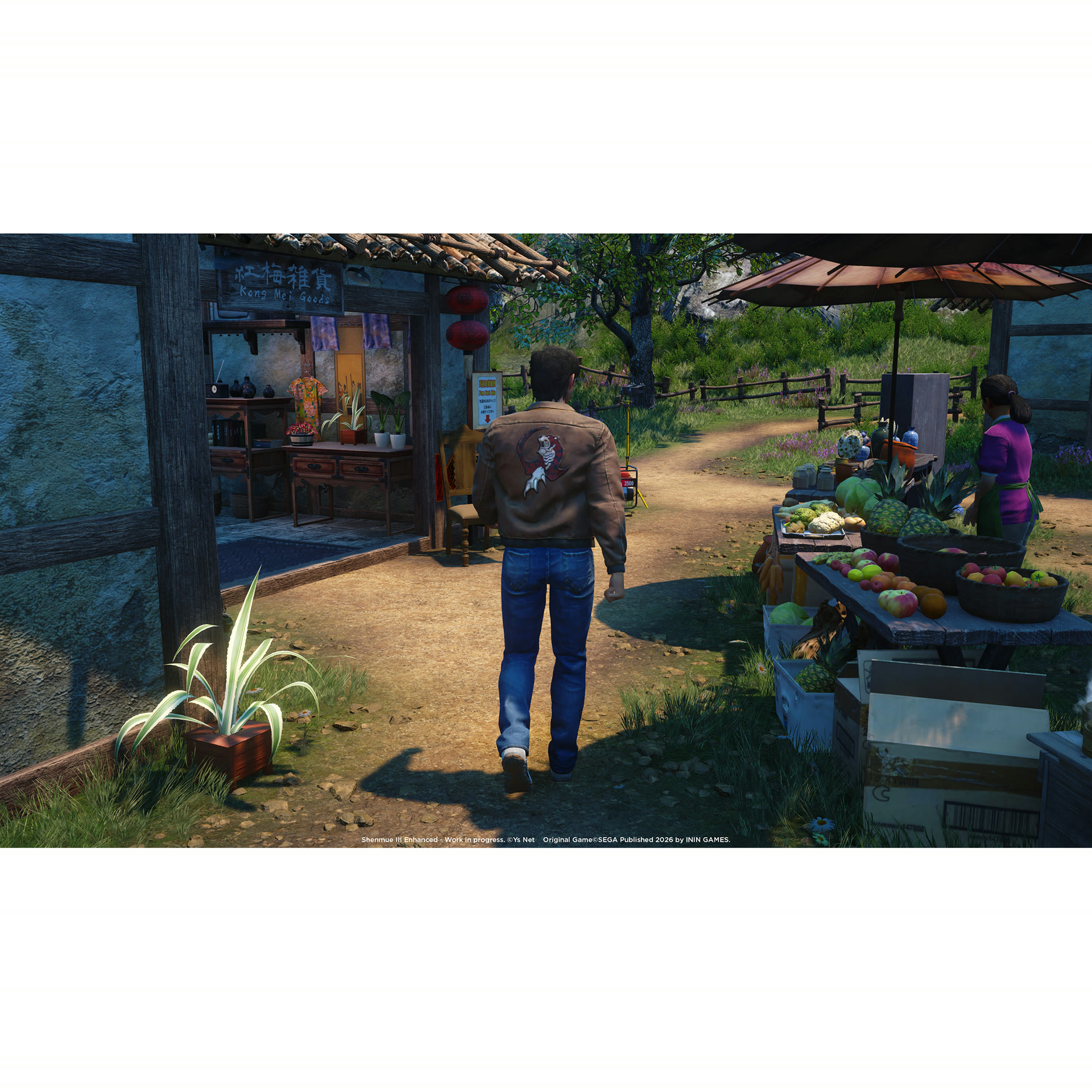 Ryo esplora il villaggio in un’immagine promozionale di Shenmue III Enhanced. Materiale work in progress pubblicato da ININ, non una prova della versione finale. Ys Net / ININ Games.
