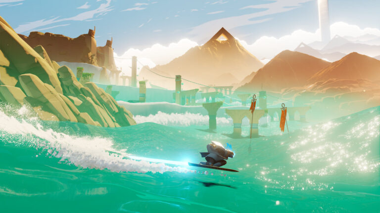 Il protagonista di Sword of the Sea scivola sulle onde. Screenshot ufficiale Giant Squid dalla galleria Steam PC, non una cattura della versione Xbox.