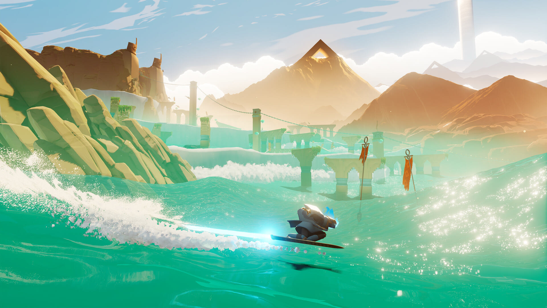 Il protagonista di Sword of the Sea scivola sulle onde. Screenshot ufficiale Giant Squid dalla galleria Steam PC, non una cattura della versione Xbox.