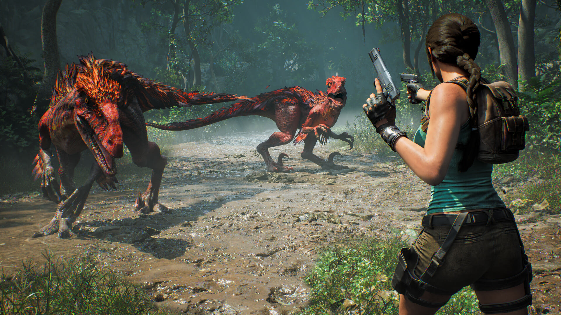 Lara affronta due predatori in un’immagine ufficiale di Legacy of Atlantis. Screenshot della galleria Steam, usato come contesto del progetto. Crystal Dynamics / Flying Wild Hog / Amazon Game Studios.