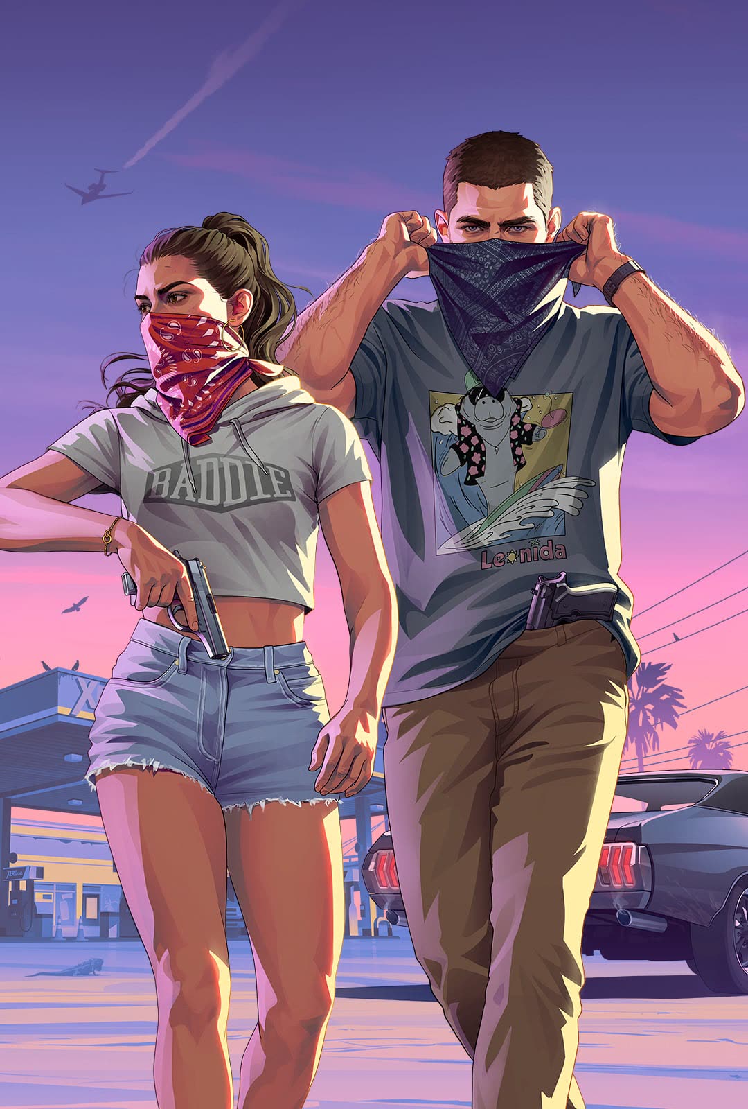 Illustrazione ufficiale di GTA VI con Jason e Lucia, dal sito Rockstar Games.
