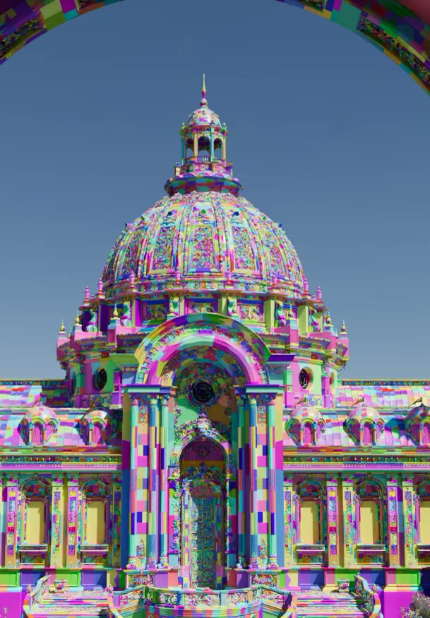 La stessa scena Zorah con la visualizzazione dei cluster: i colori illustrano la suddivisione della geometria.
