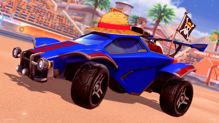 Il cappello di Luffy e gli oggetti One Piece nella promozione ufficiale di Rocket League.