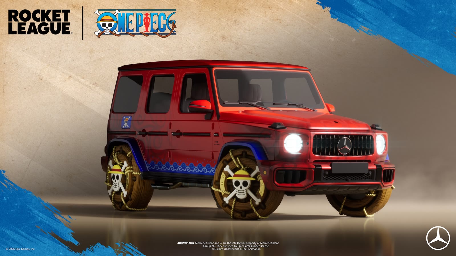 La Mercedes-AMG G 63 con decorazioni One Piece: materiale ufficiale Rocket League, arrivo nel negozio dal 7 novembre.