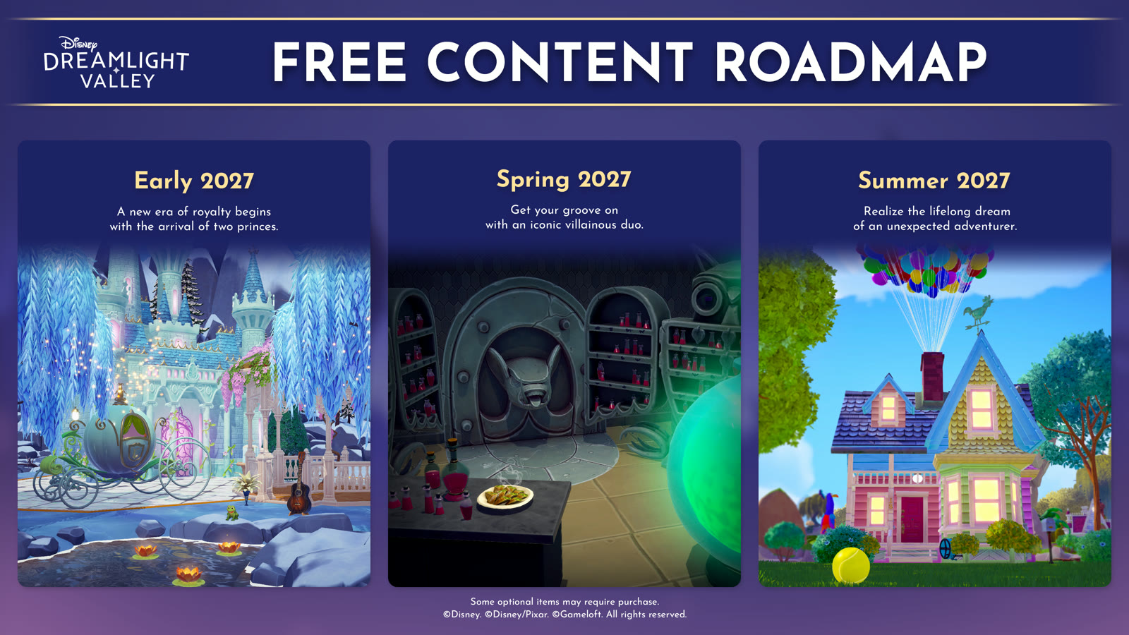 La roadmap dei contenuti gratuiti di Disney Dreamlight Valley per il 2027. Immagine: Gameloft / Disney.