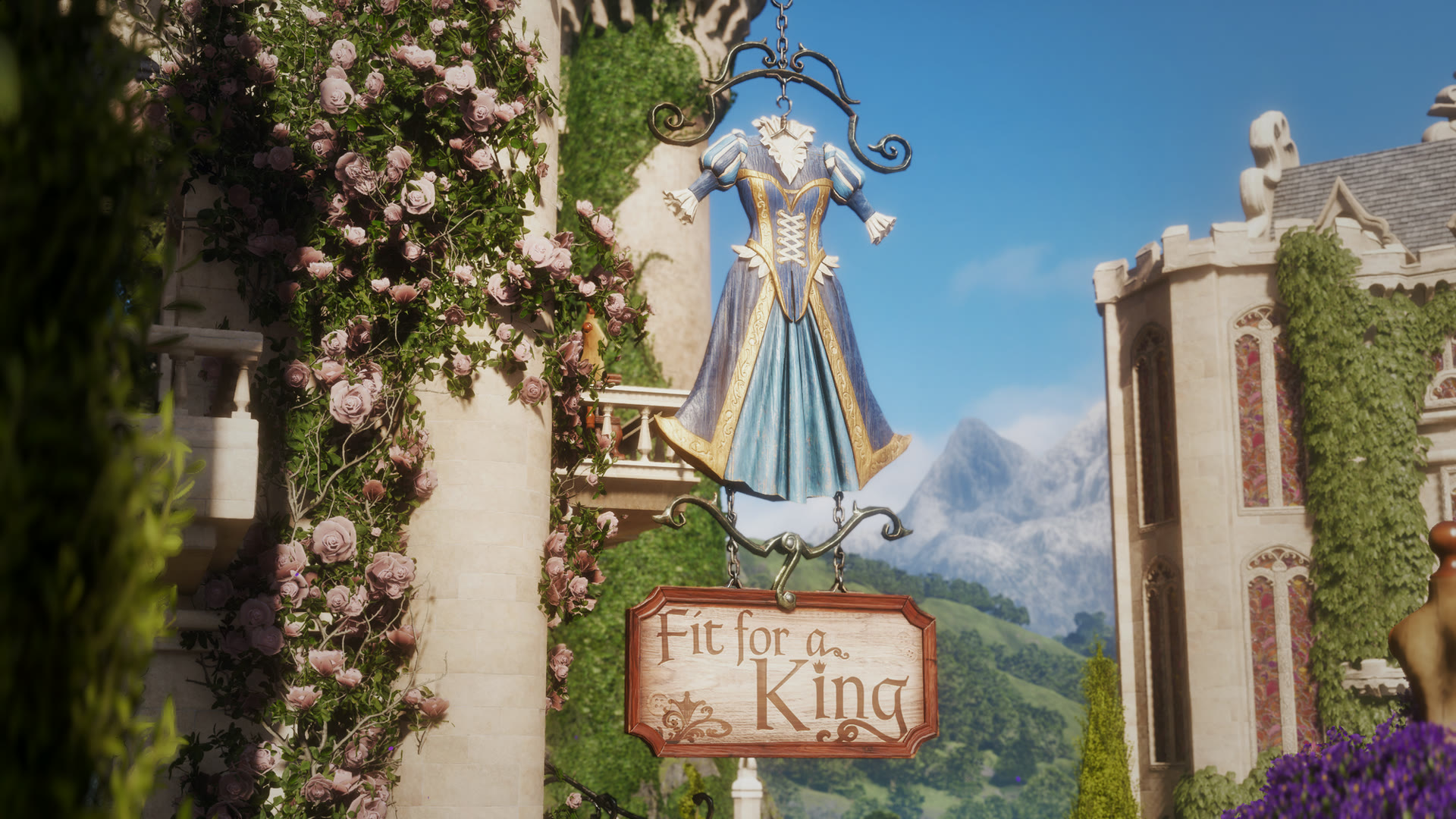 L’insegna della sartoria Fit for a King a Bowerstone. Immagine ufficiale di Fable, Playground Games / Xbox.