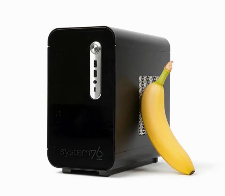 Un’immagine promozionale di System76 usa una banana per illustrare le dimensioni del Thelio Prime.