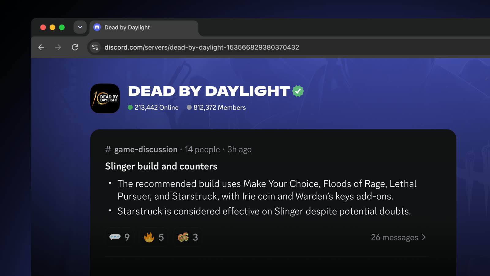 Esempio ufficiale di riepilogo delle conversazioni nella pagina web della community di Dead by Daylight.