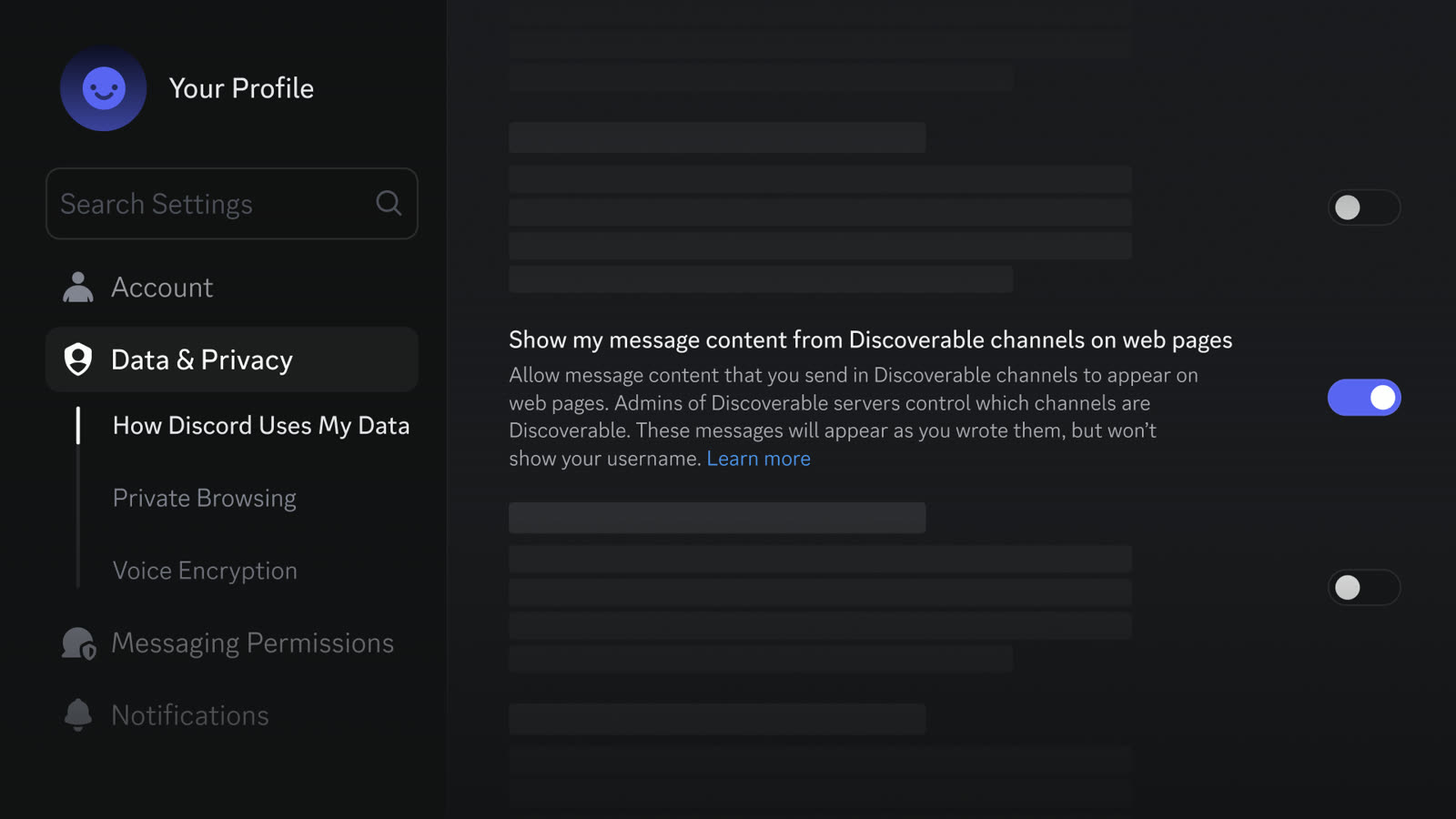 Il controllo per condividere i messaggi nell’esempio ufficiale Discord: nell’UE l’impostazione parte disattivata.