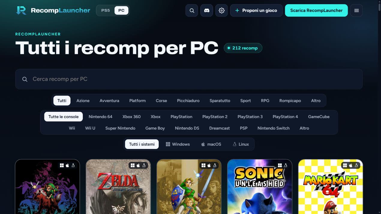 Il catalogo ufficiale RecompLauncher consultato il 27 ottobre: il contatore mostra 212 progetti, non 212 giochi verificati.