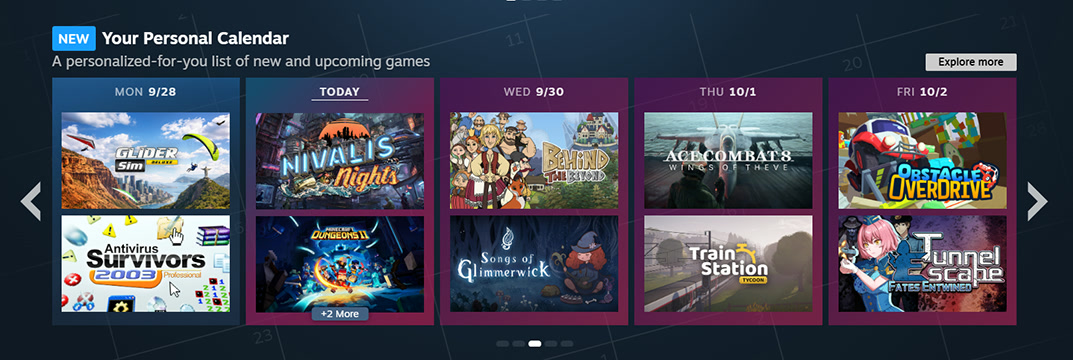 Il Calendario personale nella homepage del negozio Steam, dalla documentazione Valve.