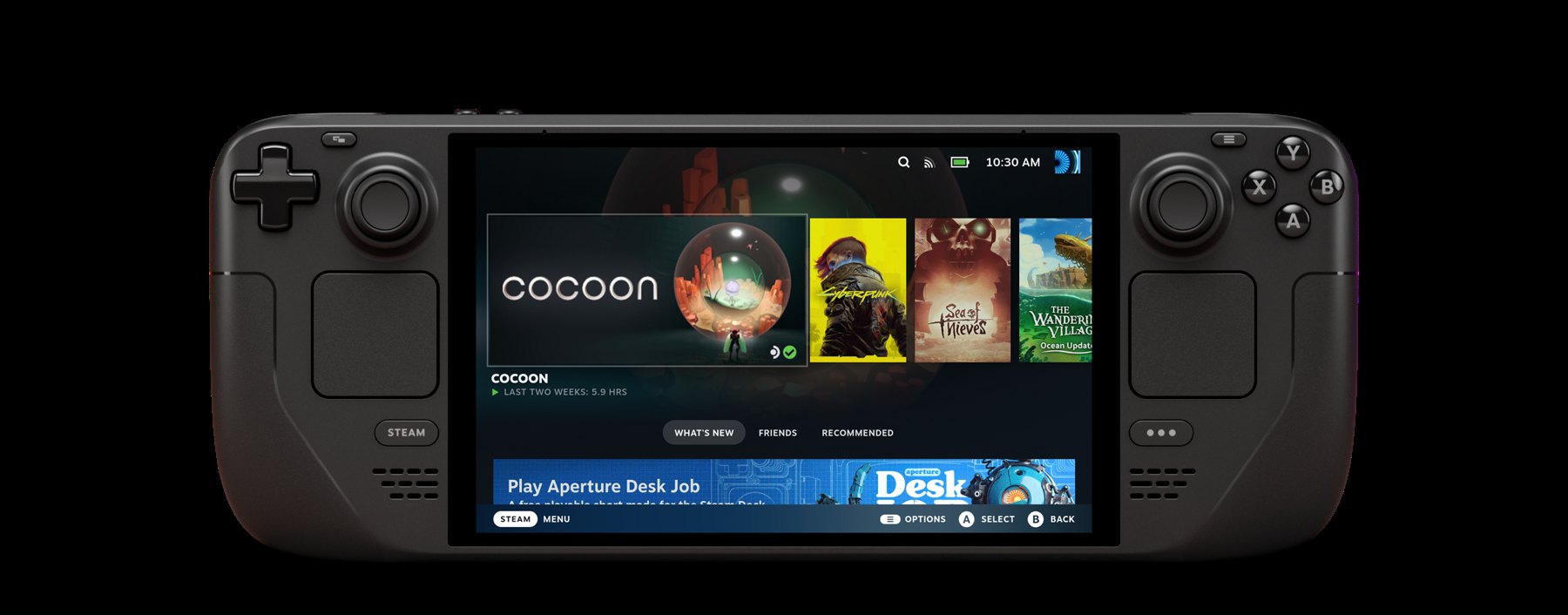 Steam Deck OLED visto frontalmente, immagine ufficiale Valve