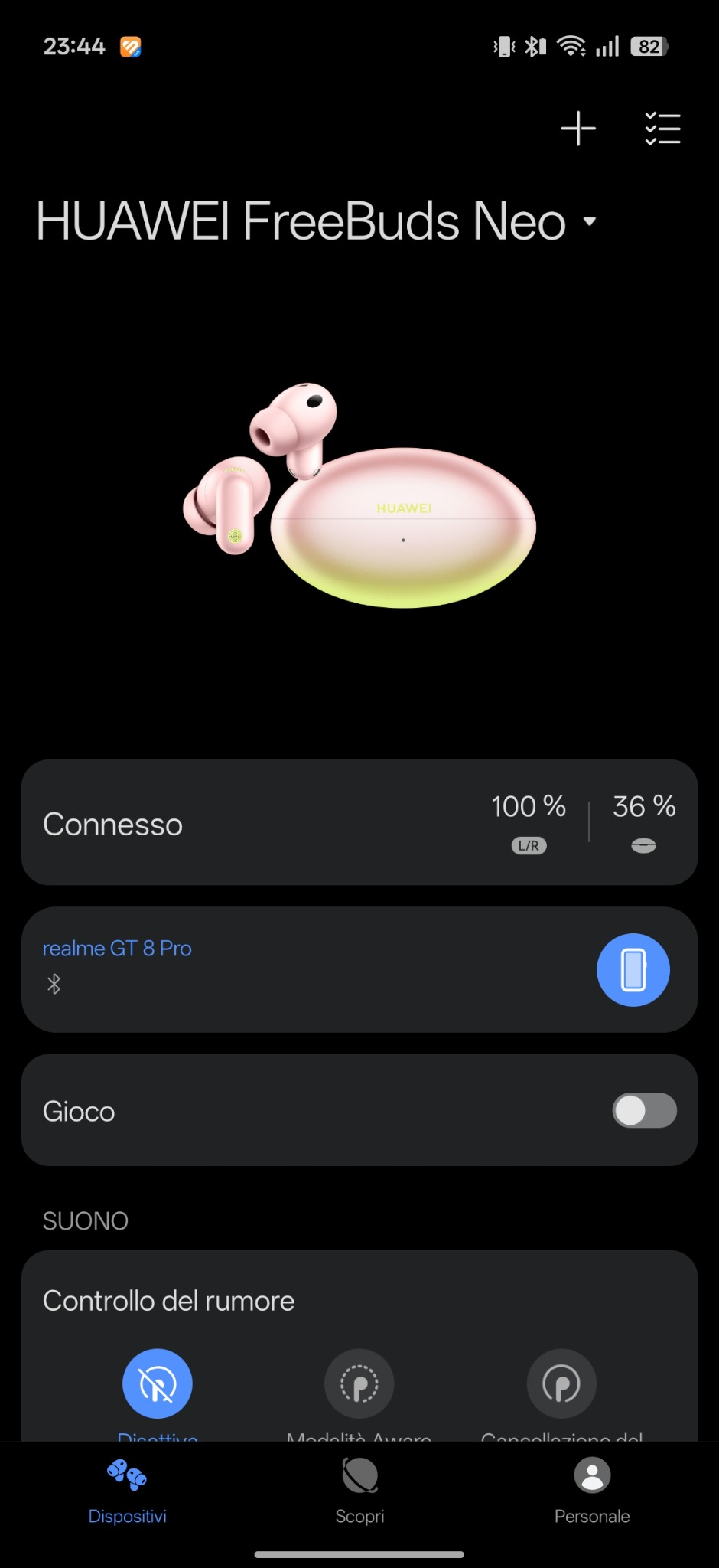 Schermata principale di HUAWEI Audio Connect con FreeBuds Neo collegate e livelli di batteria