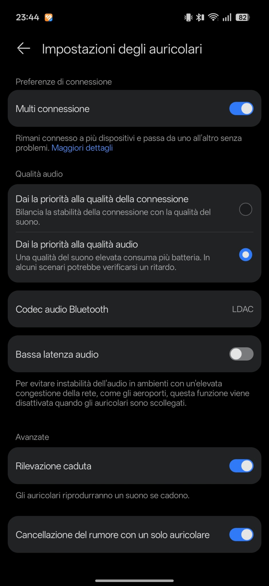 Impostazioni FreeBuds Neo con Multi connessione attiva e codec Bluetooth LDAC indicato