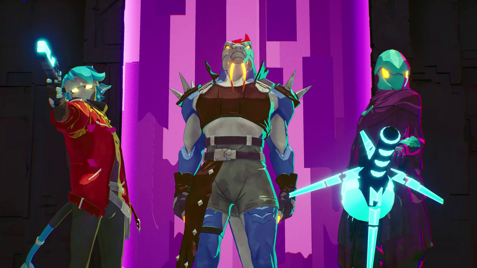 Tre personaggi con equipaggiamenti e armi differenti — Hyper Light Breaker.