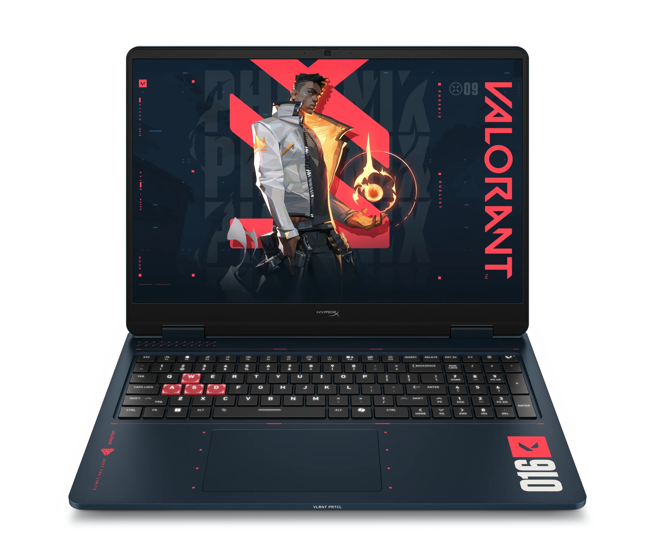 HyperX OMEN 16 VALORANT Edition laptop featuring Phoenix artwork and red WASD keys.