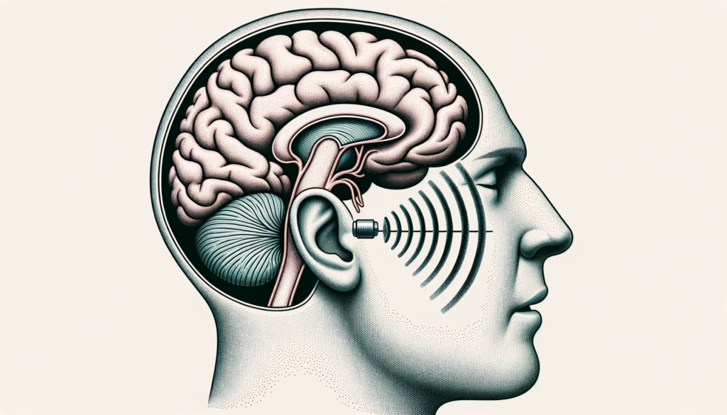 Illustrazione dettagliata di un orecchio umano con una VPU (Voice Pickup Unit) interna. Le onde sonore dalla bocca di una persona si dirigono verso l'orecchio, mostrando come la VPU rileva le vibrazioni del cranio.
Immagine generata da Klav con Dall-e 3