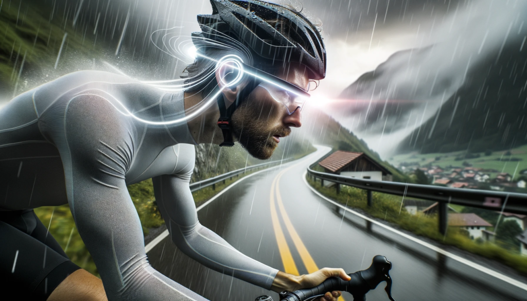 Foto realistica di un ciclista che indossa auricolari in una strada ventosa. Un scudo virtuale luminoso avvolge la sua testa, indicando la tecnologia di cancellazione del vento in azione. Immagine generata da Klav con Dall-e 3
