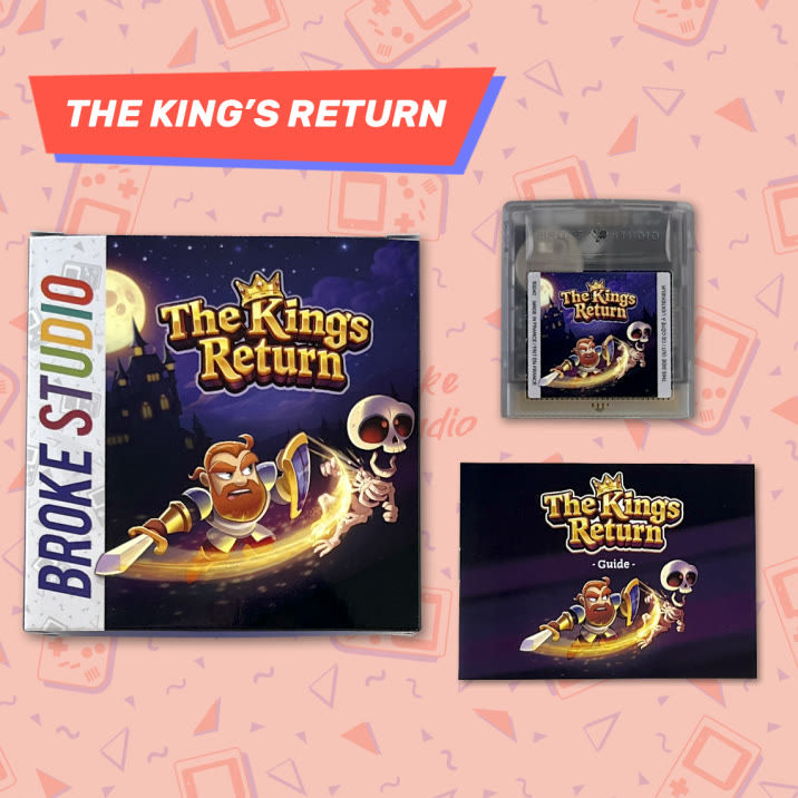 The King’s Return: confezione, cartuccia e manuale nell’immagine ufficiale Broke Studio / Homebrew Factory.