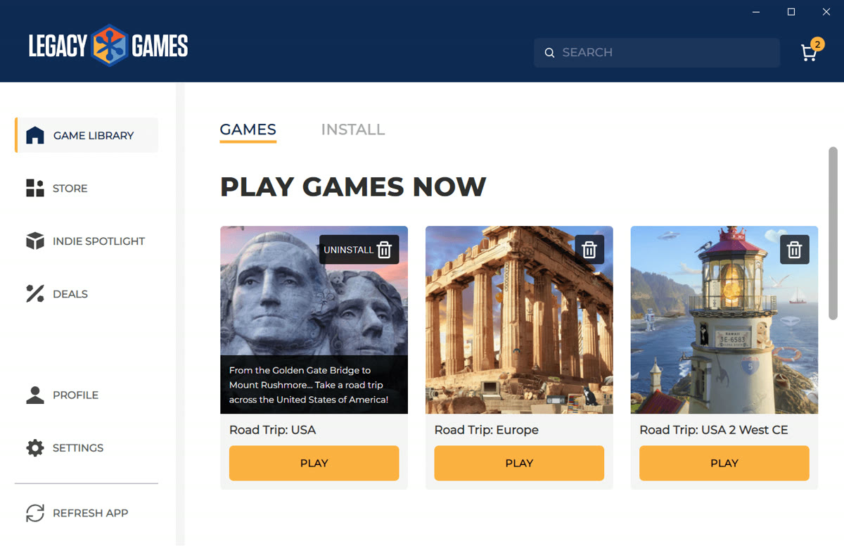 Libreria di giochi installati nel launcher Legacy Games, screenshot ufficiale