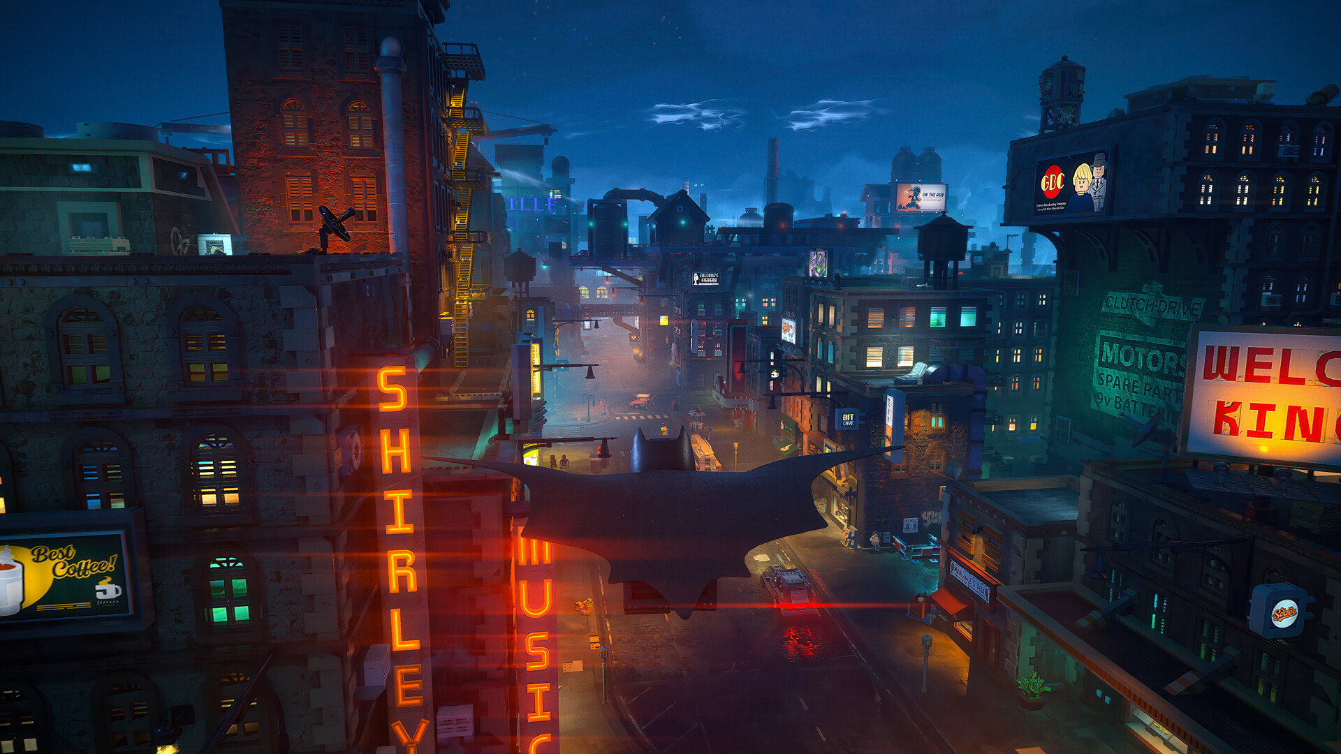 Panorama notturno di Gotham City ricostruita con mattoncini — LEGO Batman: Legacy of the Dark Knight. Immagine generale del pacchetto Deluxe; non rappresenta necessariamente la nuova missione.